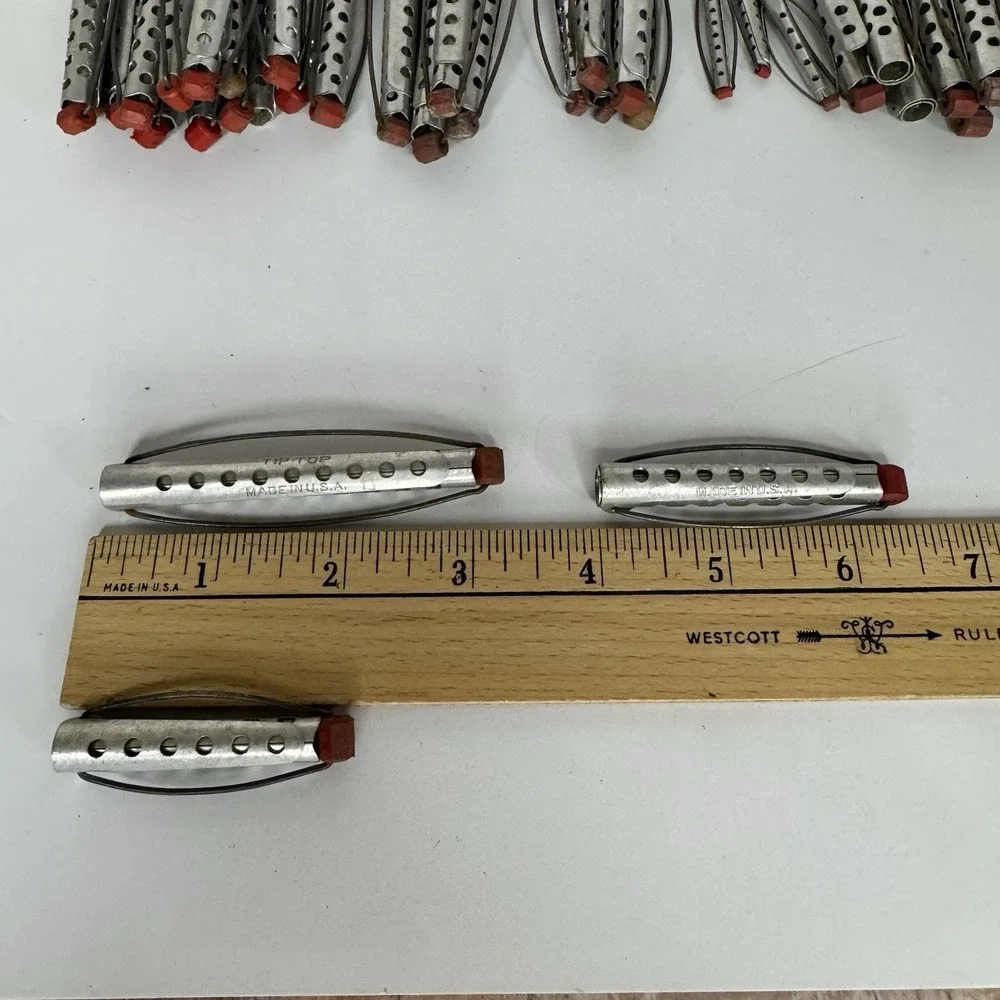 Vtg Tip-Top Products Aluminum Hair Curlers Rollers Omaha Red‎ Tips Lot of 49 MCM